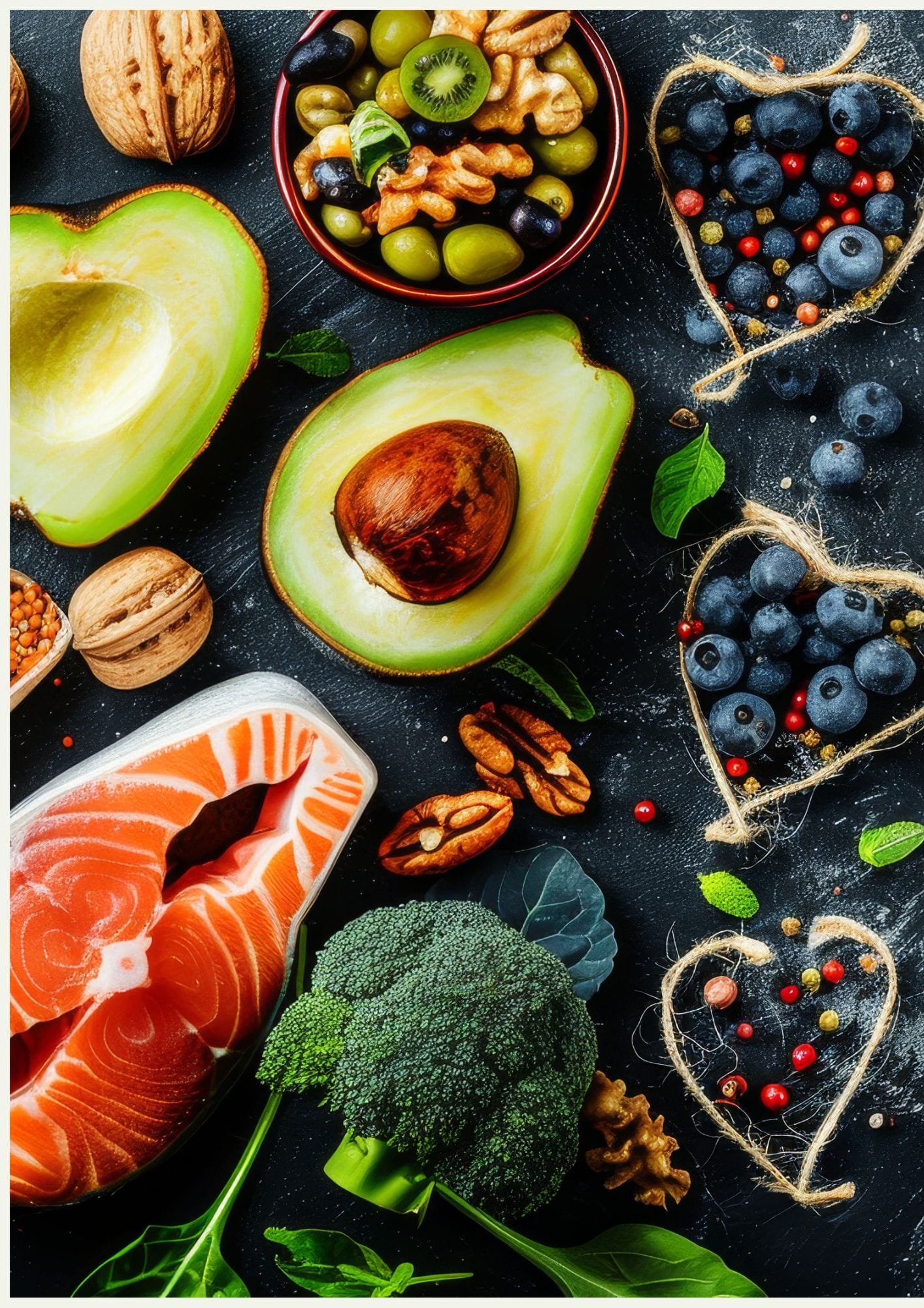 Keto voeding: avocado, zalm, broccoli, noten en blauwe bessen