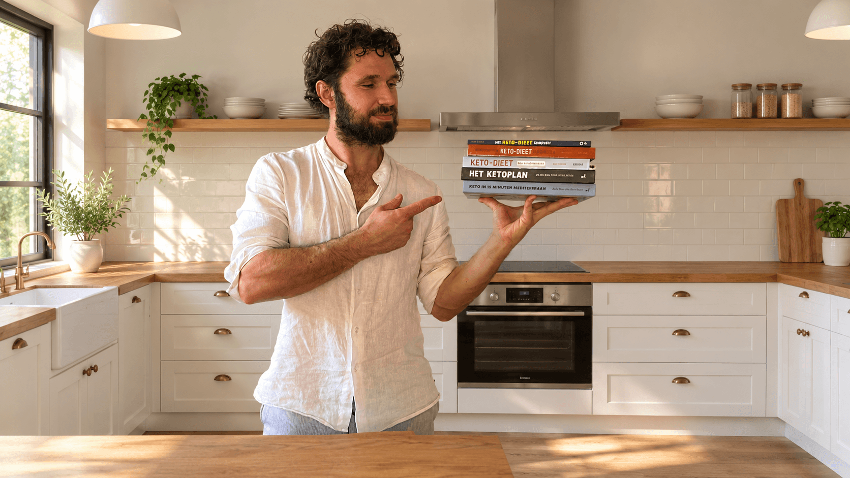 review beste keto kookboek ketogeen therapeut Jeffrey van Mierlo in keuken met ketoboeken