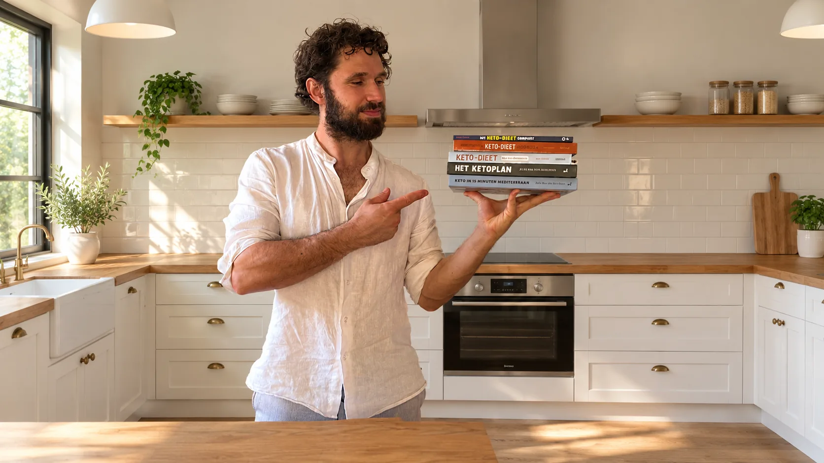 review beste keto kookboek ketogeen therapeut Jeffrey van Mierlo in keuken met ketoboeken